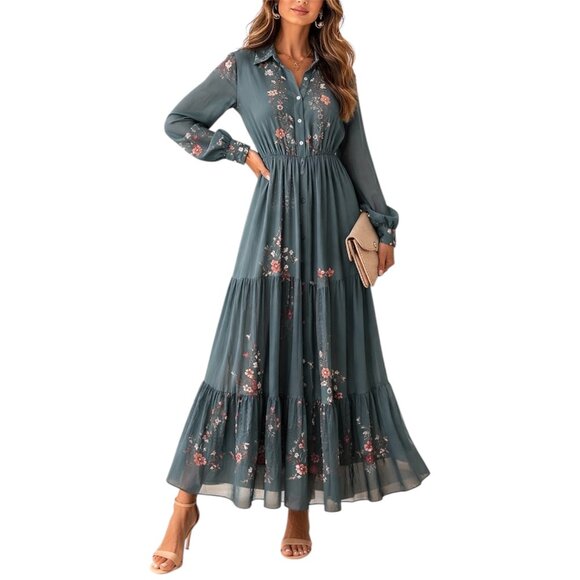 Dresses & Skirts - Dark Teal Floral Maxi Dress Size Large Long Sleeve Cottagecore Boho Romantic Dre
